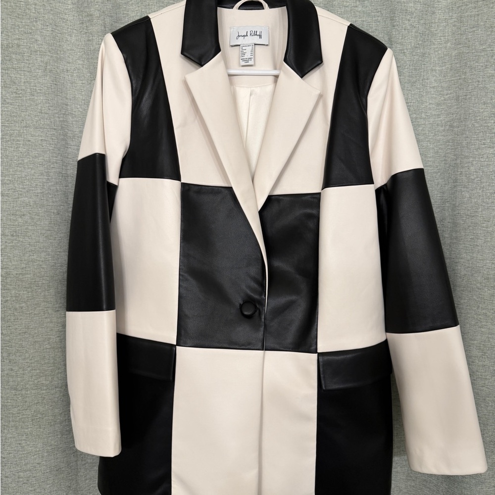 Joseph Ribkoff Black and Cream Block Pattern Leather Blazer
